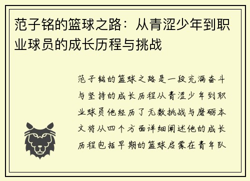 范子铭的篮球之路：从青涩少年到职业球员的成长历程与挑战